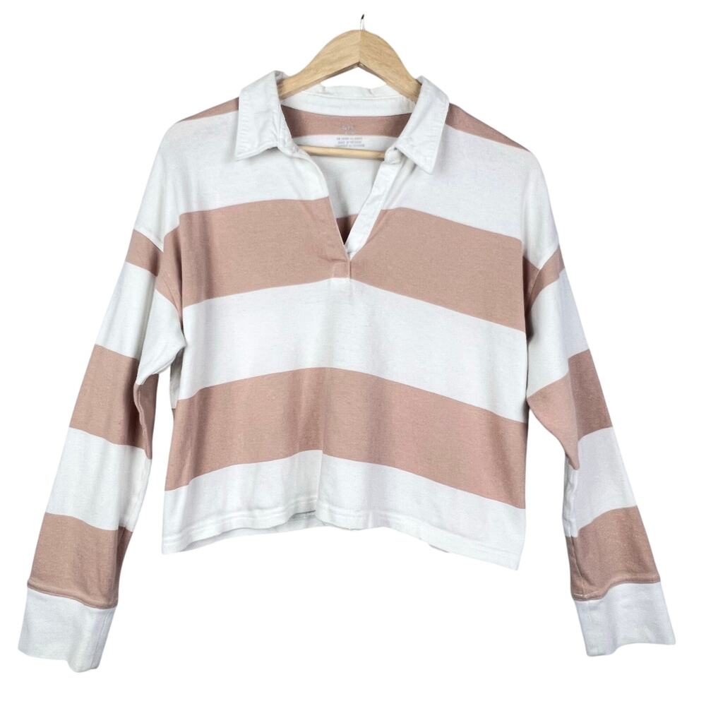 AERIE Cropped Tan White Striped Sporty Prep Rugby Thick Cotton Polo Shirt M